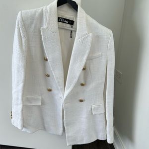 Zara White Tweed Blazer with Gold Buttons, Size M, worn once
